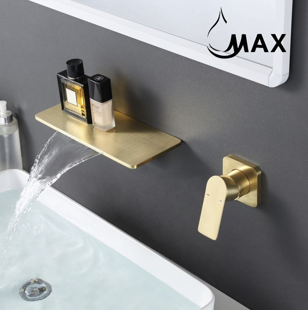 Wall mounted waterfall bathroom faucet in brushed gold finish by MAX Faucets